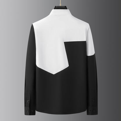 Black and white stitching men's long-sleeved shirt high-end handsome color matching men's long-sleeved shirt