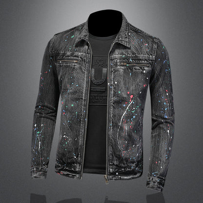 Spray Paint Zipper Denim Jacket Trendy Fashion Lapel Denim Jacket