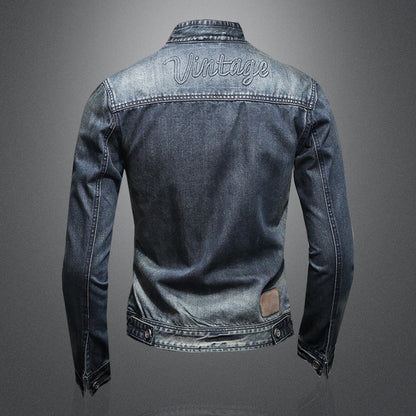 Personalized Stand Collar Motorcycle Denim Jacket Embossed Denim Clothing