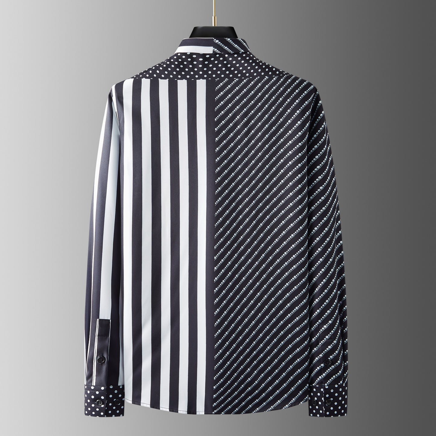 Men's long-sleeved shirt with wrinkle-free diagonal stripes and polka dot print pocket decoration