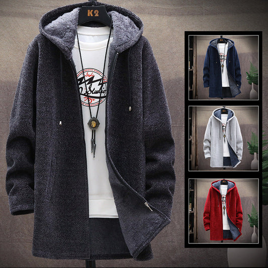 Men Casual Sweaters Jacket Slim Long Thick Warm Hooded Sweater Coat