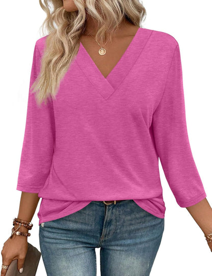 NEW🔥 Women's V Neck 3/4 Long Sleeve  Loose Fit  Tops