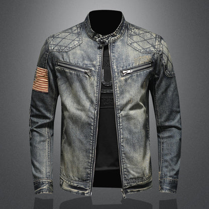 Men's spring denim jacket with stand collar and zipper