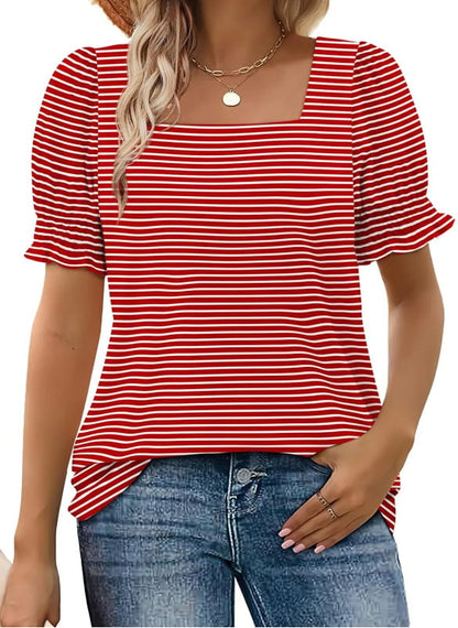 🔥 Tops for Women Summer Casual Ruffle Trim Sleeve Square Neck T Shirts