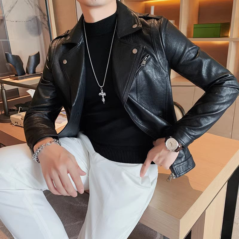 Korean style men's oblique zipper suit collar leather jacket