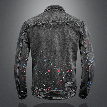 Spray Paint Zipper Denim Jacket Trendy Fashion Lapel Denim Jacket