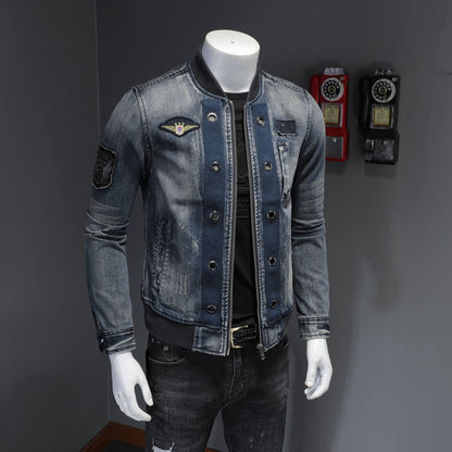 Vintage Stand Collar Men's Flight Suit Denim Jacket Men's Coat