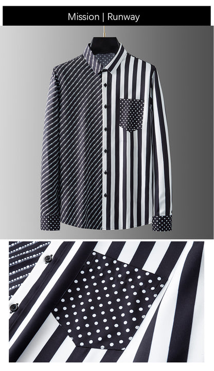 Men's long-sleeved shirt with wrinkle-free diagonal stripes and polka dot print pocket decoration