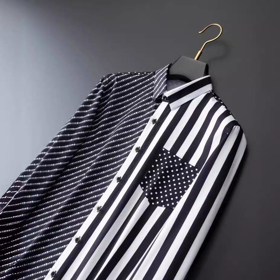 Men's long-sleeved shirt with wrinkle-free diagonal stripes and polka dot print pocket decoration