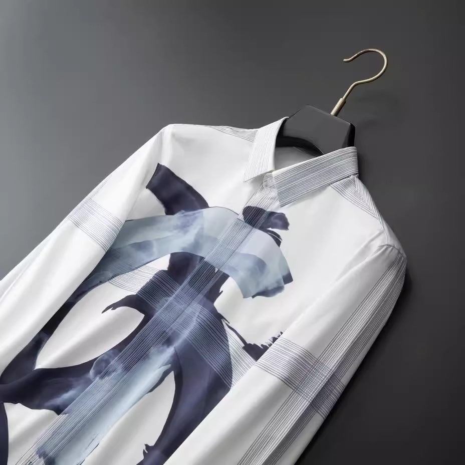 Vertical ink splash letter positioning printing men's long sleeve shir ...