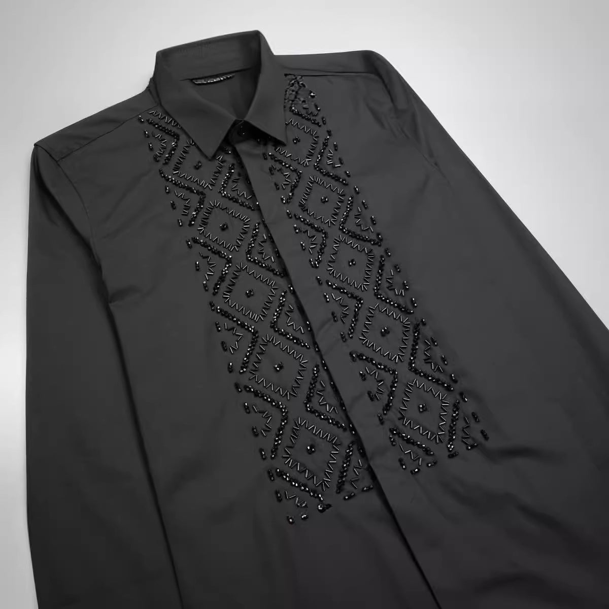 Handcrafted Black Elegant Geometric Metal Stone Beaded Sewn Men's Shirt