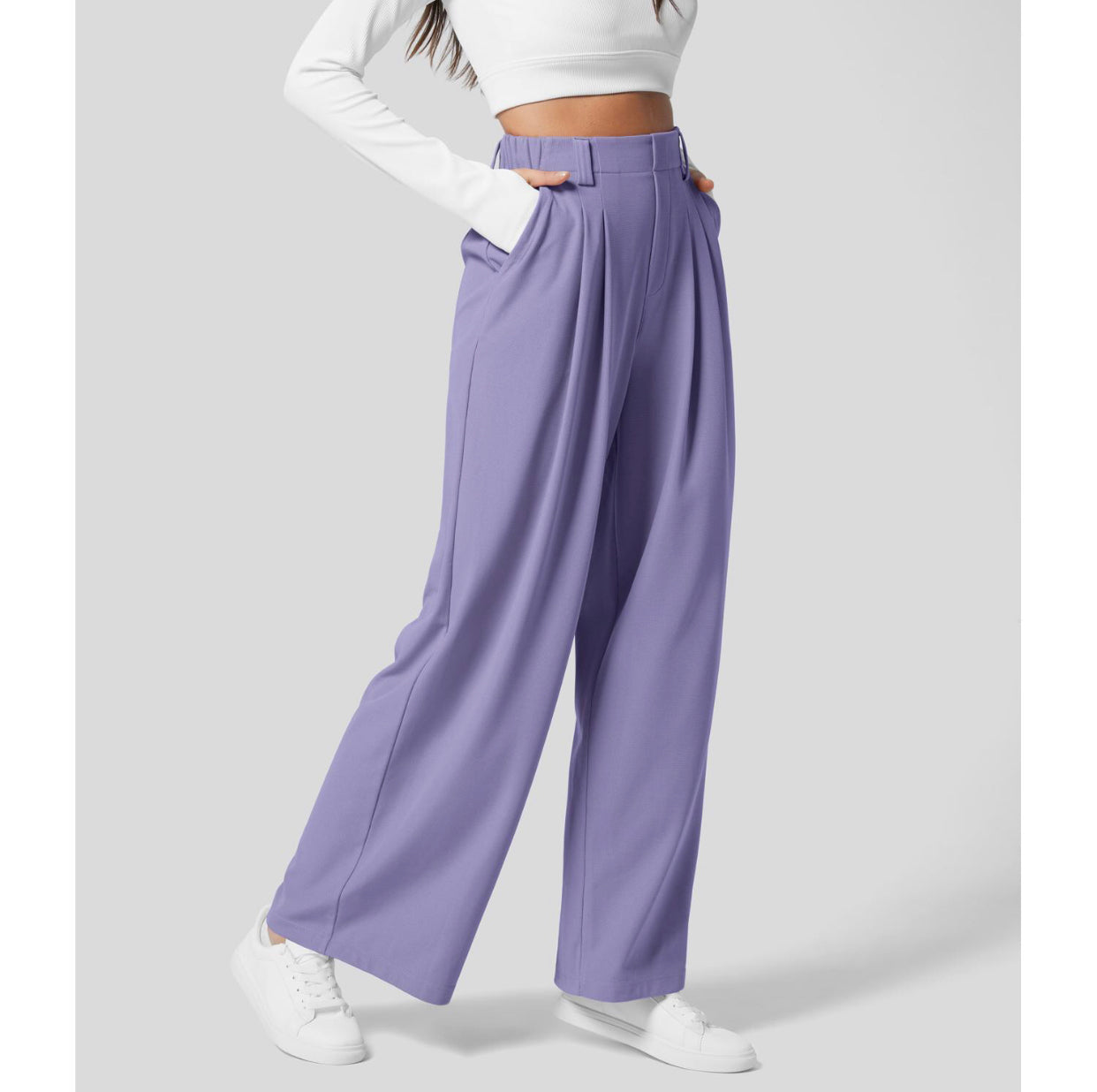 2025 High Waisted Plicated Side Pocket Wide Leg Waffle Casual Pants
