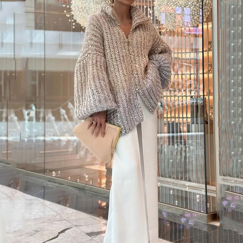 Solid color sequined knitted sweater