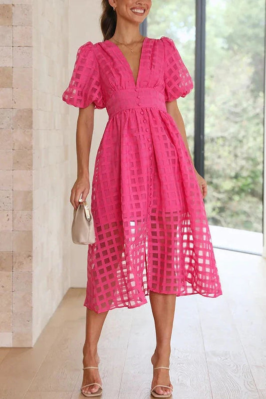 Beauty Square Patterned Fabric Puff Sleeve Midi Dress