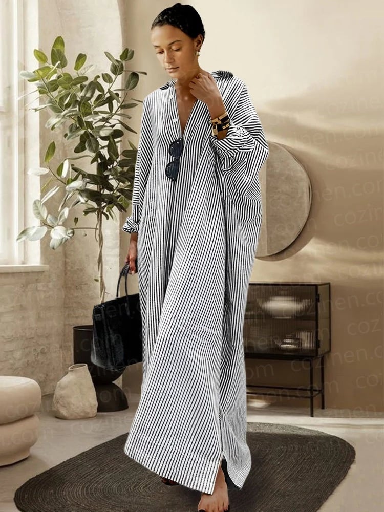 [Relaxed]Striped Cardigan Loose Large Size Irregular Dress