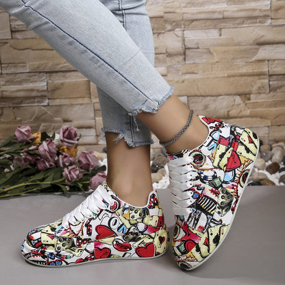 [36-43]Graffiti Platform Lace Up Shoes For Women Casual Walking Shoes