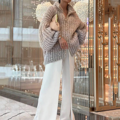 Solid color sequined knitted sweater