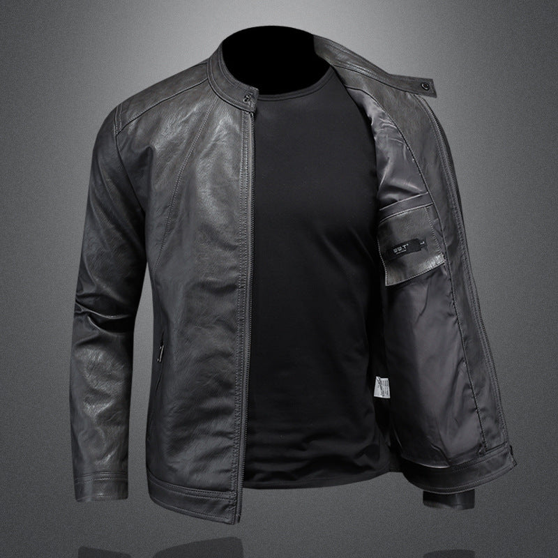 Men's slim-fit stand collar leather jacket