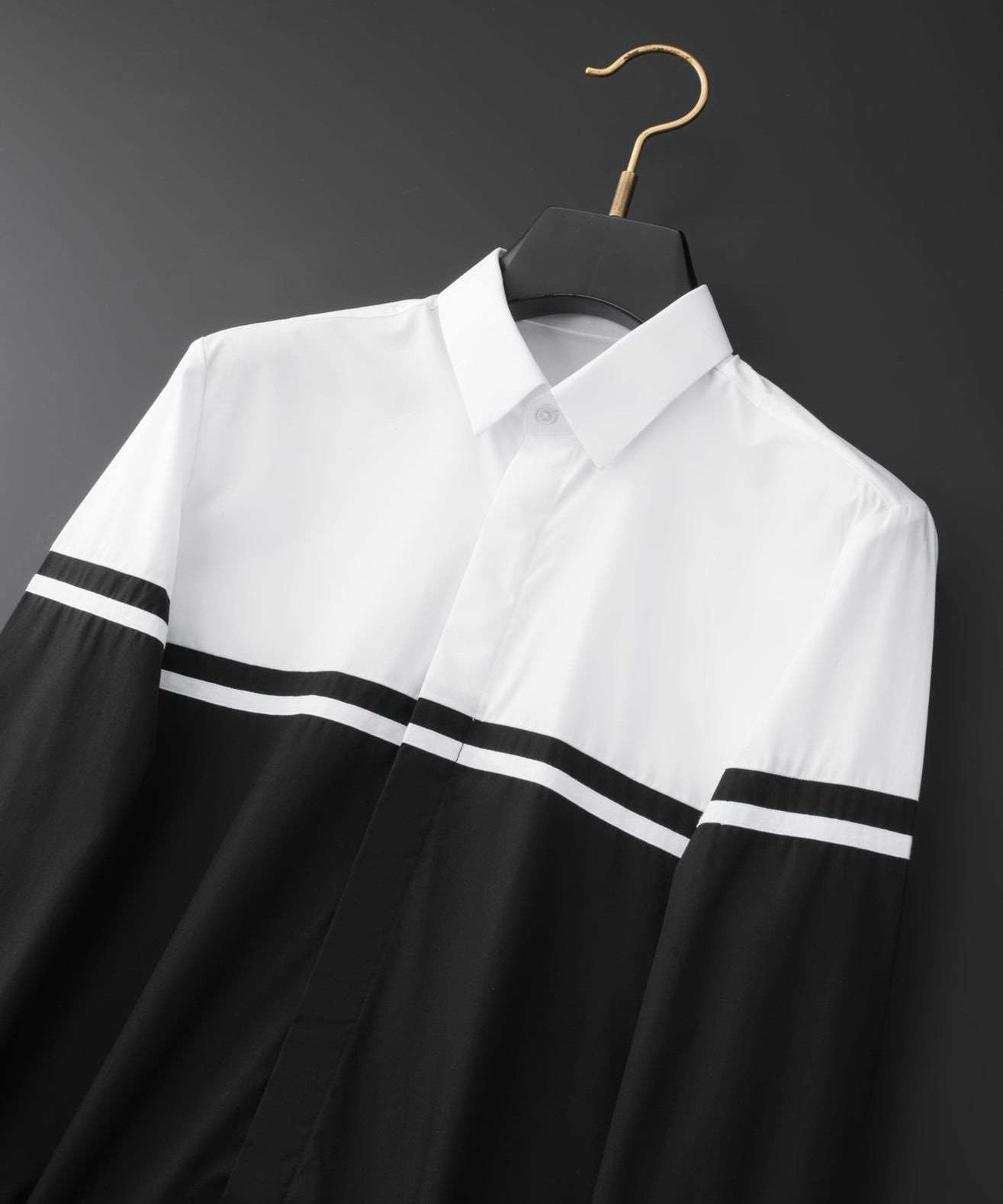 Black and white colorblocked men's long-sleeved shirt