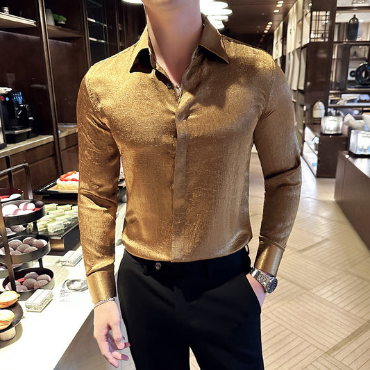 Shiny drape anti-wrinkle temperament long-sleeved shirt niche design floral shirt gold