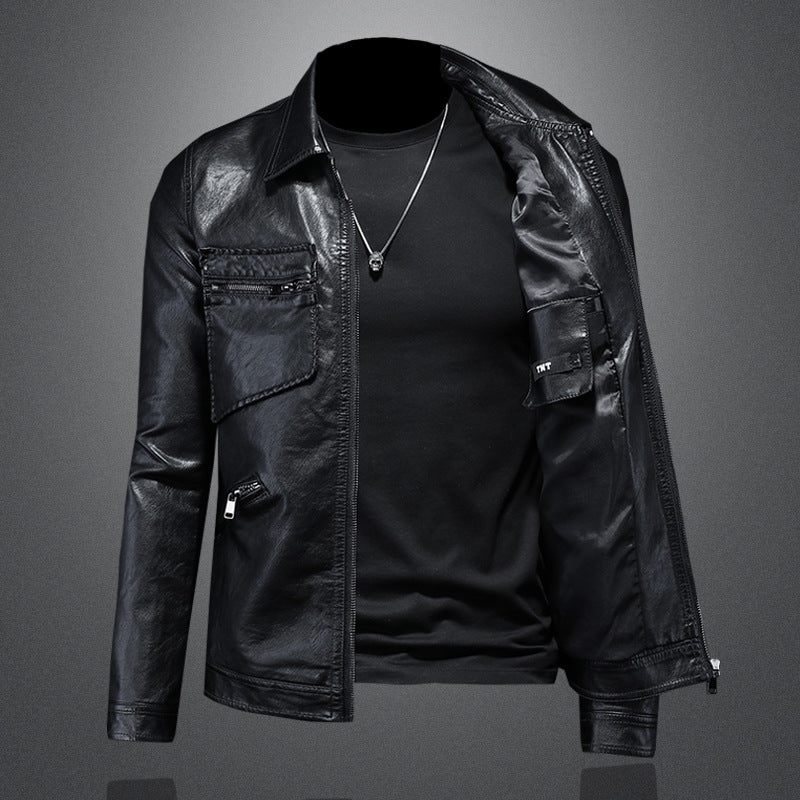 Men's Lapel Motorcycle Leather Jacket Slim Fit Trendy Men's PU Leather Jacket