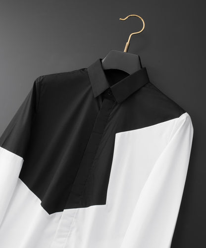 Black and white stitching men's long-sleeved shirt high-end handsome color matching men's long-sleeved shirt