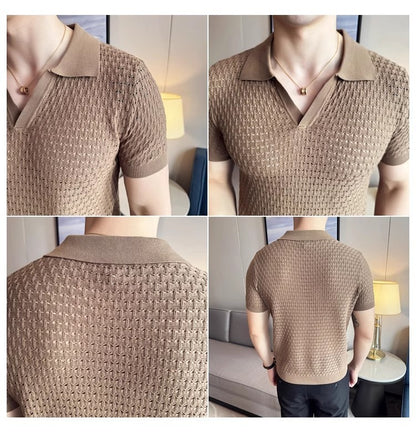 Hollow T-shirt knitted top cool ice silk thin casual half-sleeved Polo shirt trend