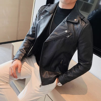 Korean style men's oblique zipper suit collar leather jacket