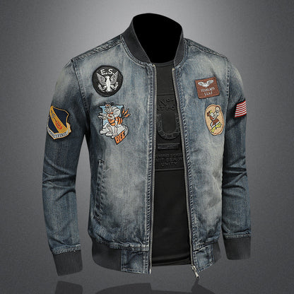 Baseball collar denim jacket Men's slim fit embroidered badge denim jacket tops