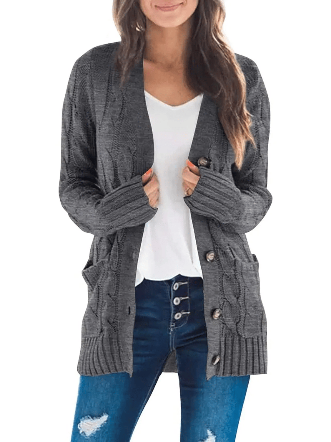 Women's Fall Casual Long Sleeve Button Down Open Front Cable Knit Cardigan