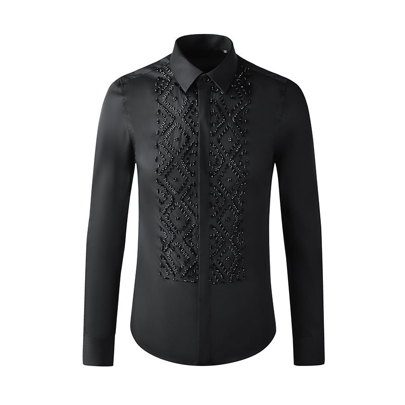 Handcrafted Black Elegant Geometric Metal Stone Beaded Sewn Men's Shirt