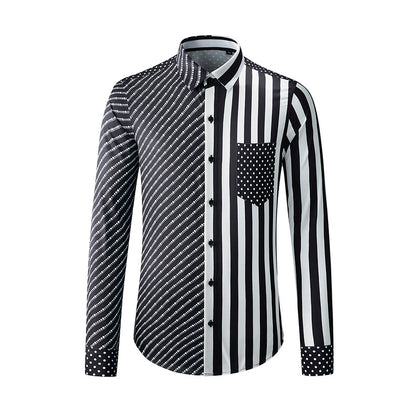 Men's long-sleeved shirt with wrinkle-free diagonal stripes and polka dot print pocket decoration