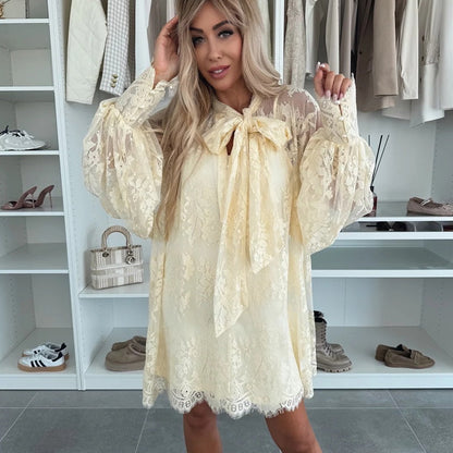💖Limited Sale 50% OFF💖Lace Mini Dress with Bow Tie Neck