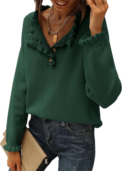 🔥Ruffle Trim Casual Knit Pullover Tops﻿