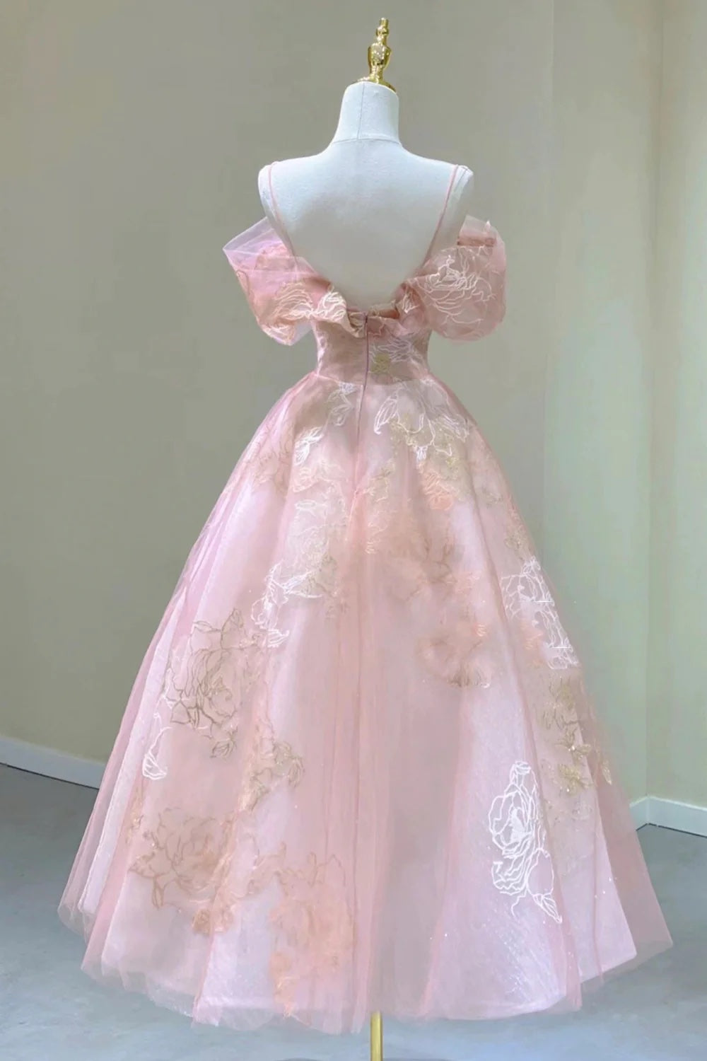 Pink Tulle Lace Short A-Line Prom Dress, Cute Off the Shoulder Evening Party Dress