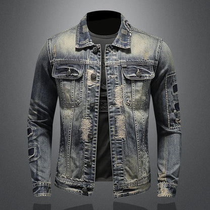 Heavy Industry Hole Patch Men's Denim Jacket Top Vintage Coat