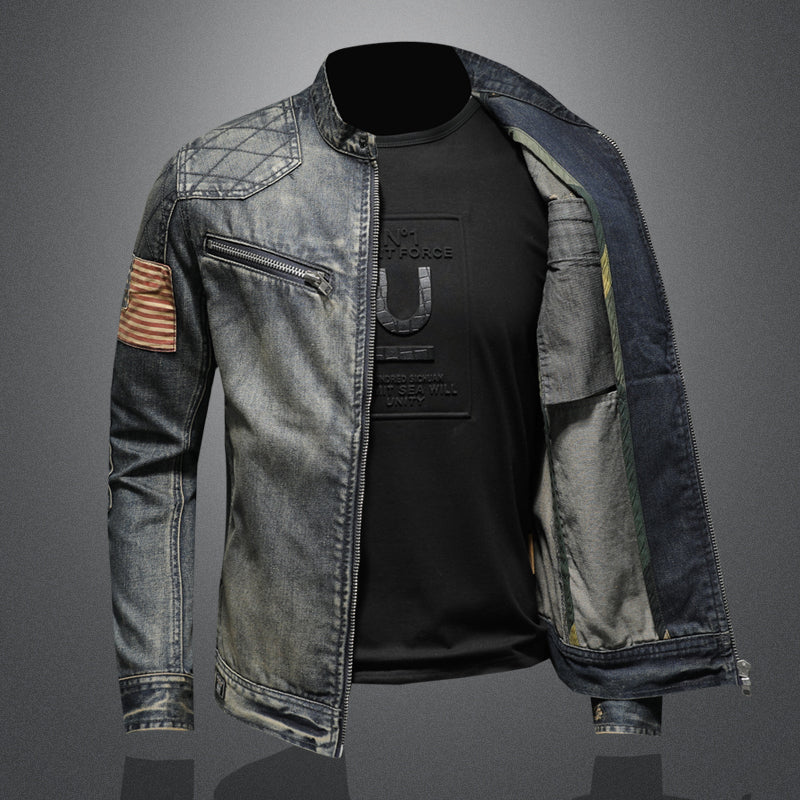 Men's spring denim jacket with stand collar and zipper