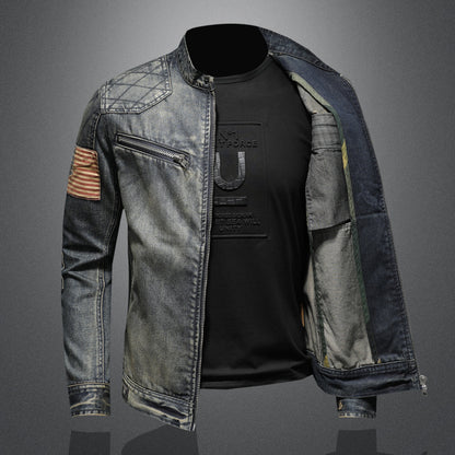 Men's spring denim jacket with stand collar and zipper