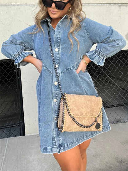 2025 New Washed Denim Puff Sleeve Dress (Buy 2 Free Shipping)