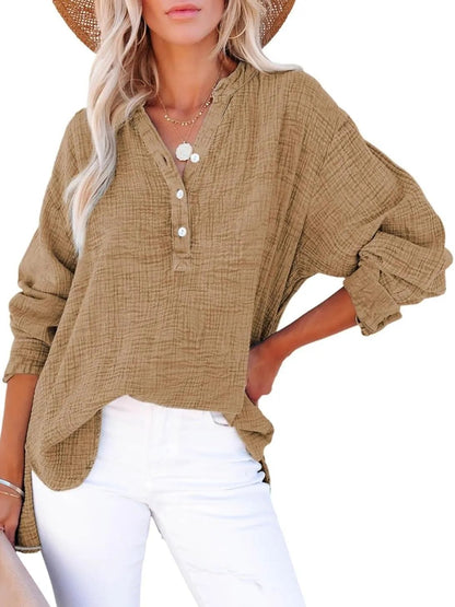 🔥Womens Casual Button V Neck Long Sleeve Shirts Oversized Solid Blouses Tops