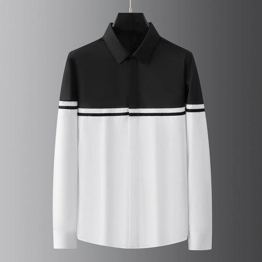 Black and white colorblocked men's long-sleeved shirt