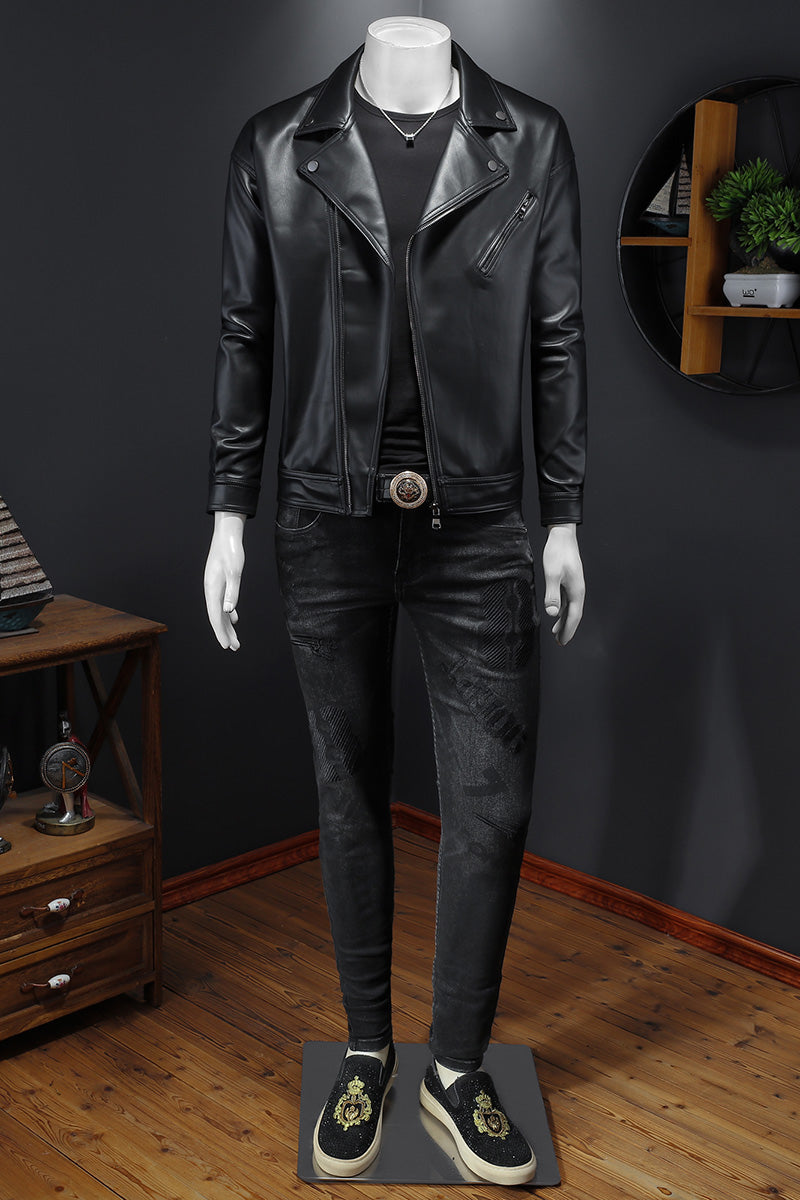 Men's Lapel Motorcycle Leather Jacket Slim Fit Trendy Men 6189