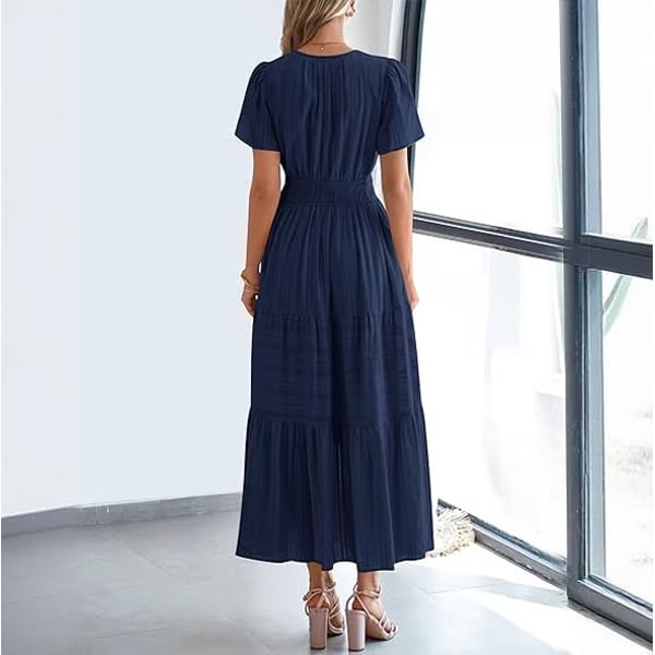 Casual Maxi Dress Lightweight Short Sleeve V Neck Boho Dress with Pockets