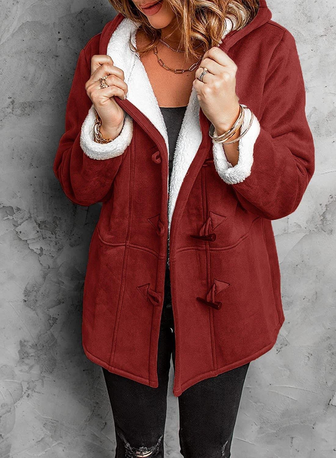 Women Hooded Velvet Horn Button Coat