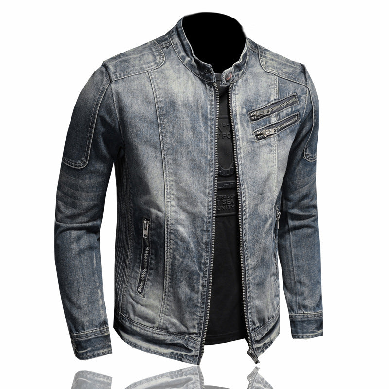 Fashion slim fit men's stand collar zipper Harley motorcycle denim jacket men's coat