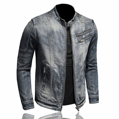 Fashion slim fit men's stand collar zipper Harley motorcycle denim jacket men's coat