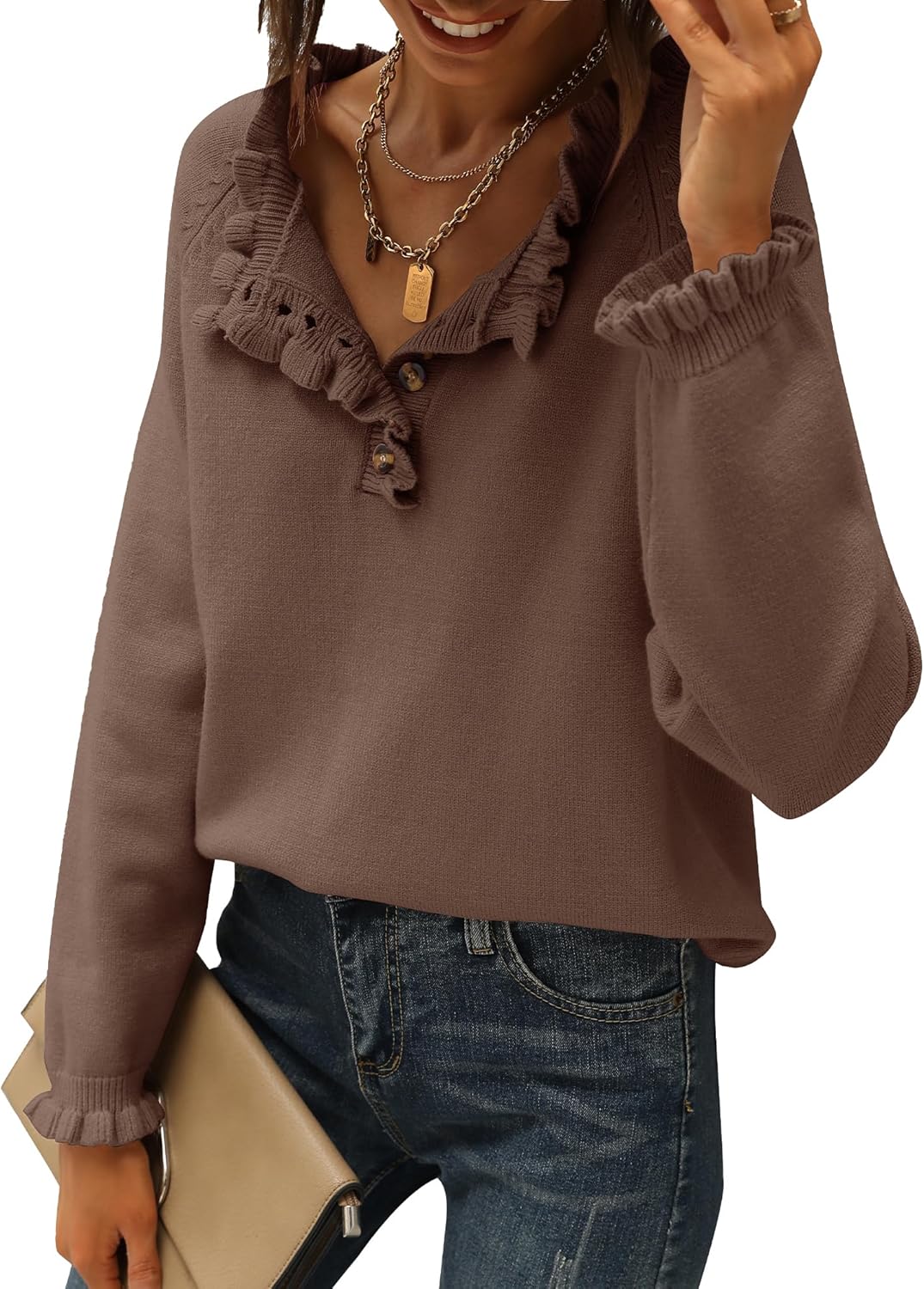 🔥Ruffle Trim Casual Knit Pullover Tops﻿