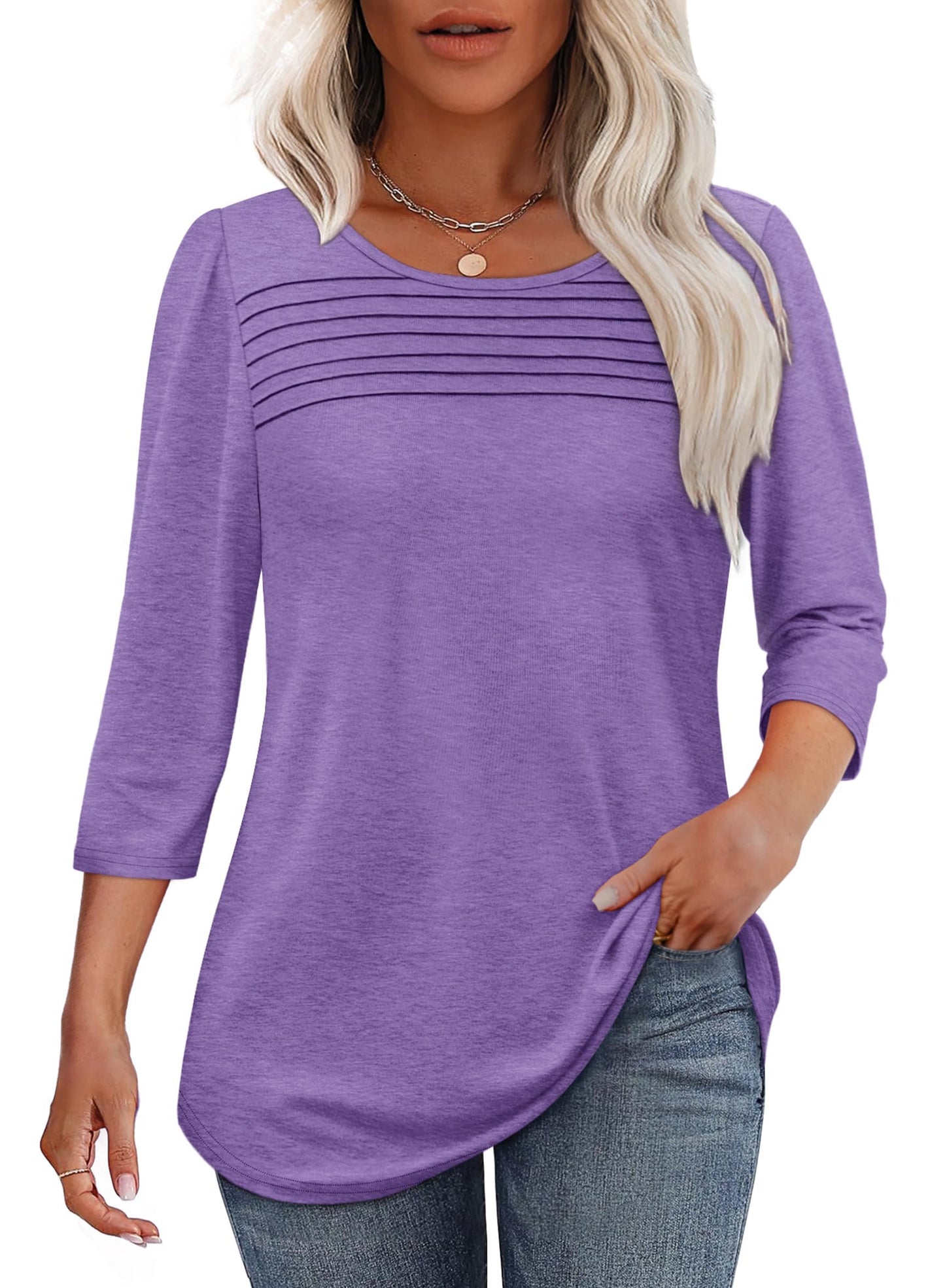 Women's 3/4 Length Sleeve Top Pleated Front T-Shirt