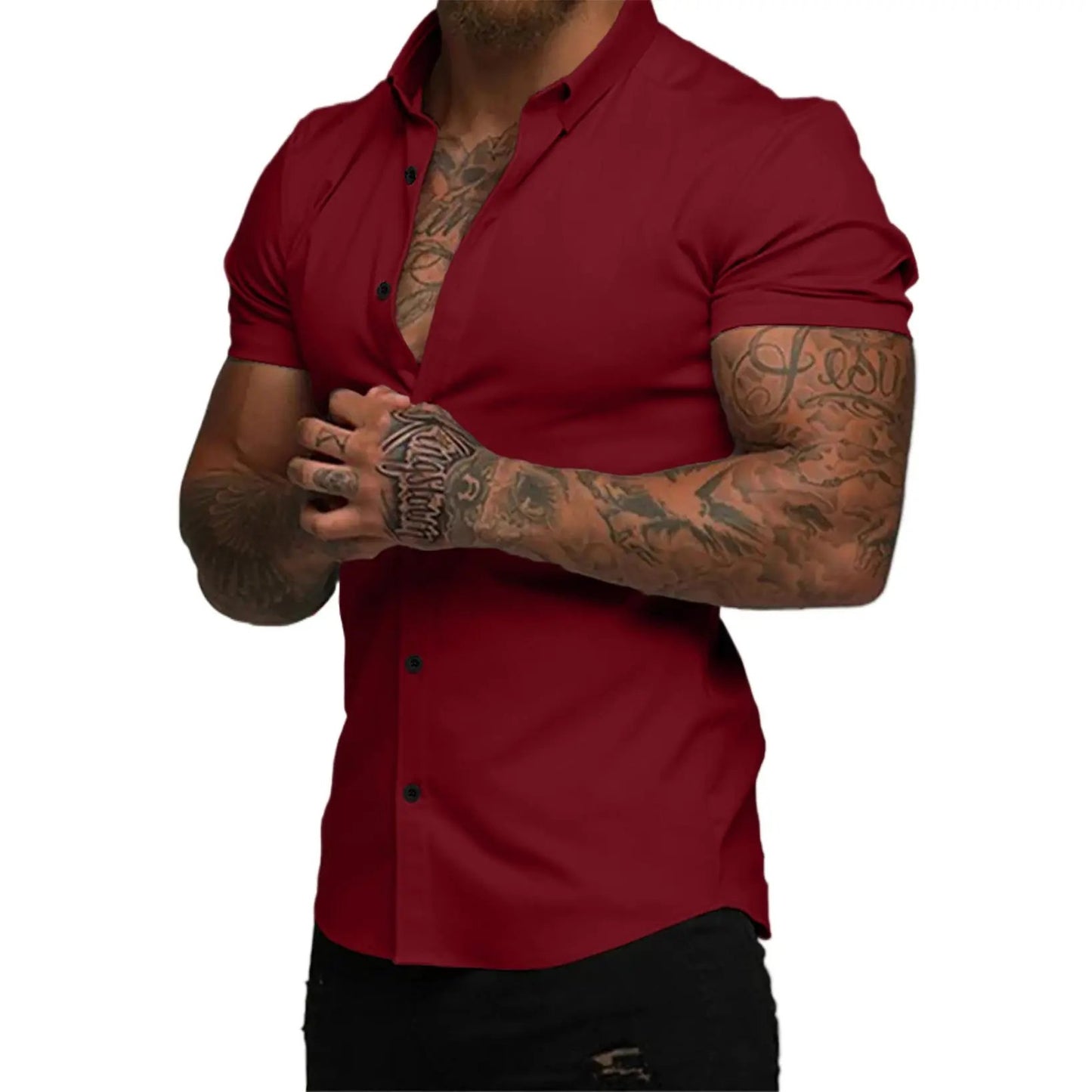 ⚡Hot Sales 49% OFF🔥Mens Muscle Fit Dress Shirts Casual Button Down Shirt Short Sleeve Wrinkle-Free Shirts