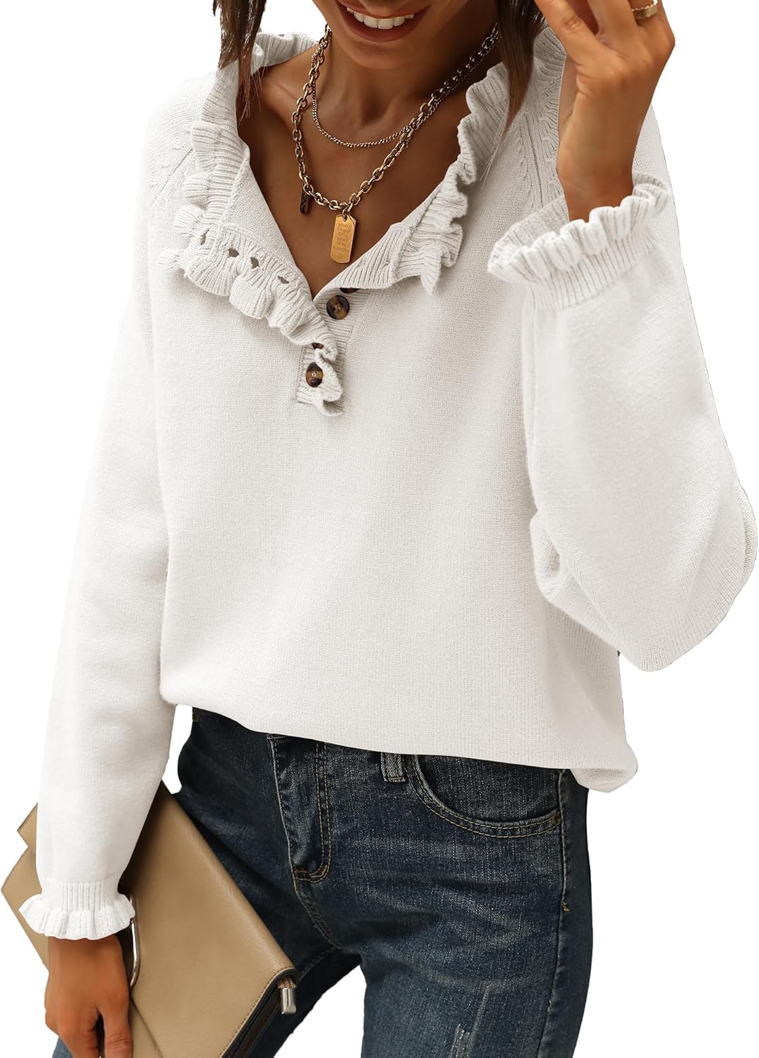 🔥Ruffle Trim Casual Knit Pullover Tops﻿